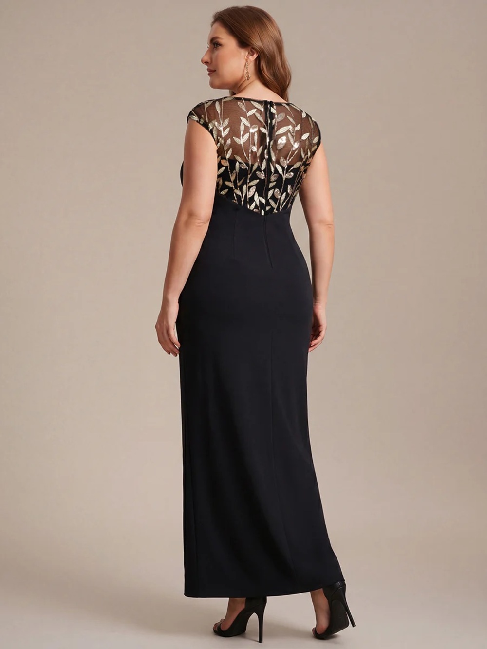 Elegant Slate Blue Evening Gown with Embellished Illusion Bodice - Picture 2 of 3